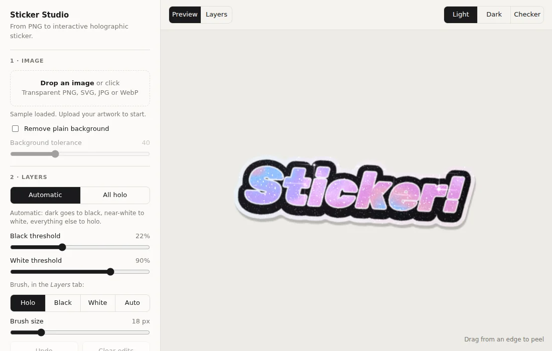 First version of the tool, called Sticker Studio: a plain control column next to a grey preview