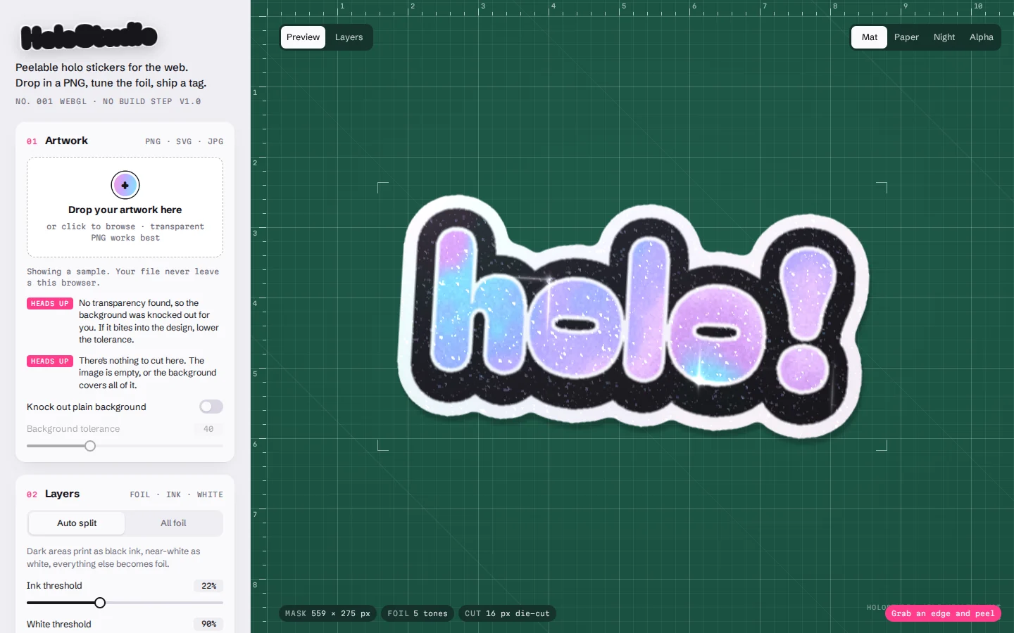 Second version: a green cutting mat with rulers and crop marks as the preview, and a job-ticket style sidebar