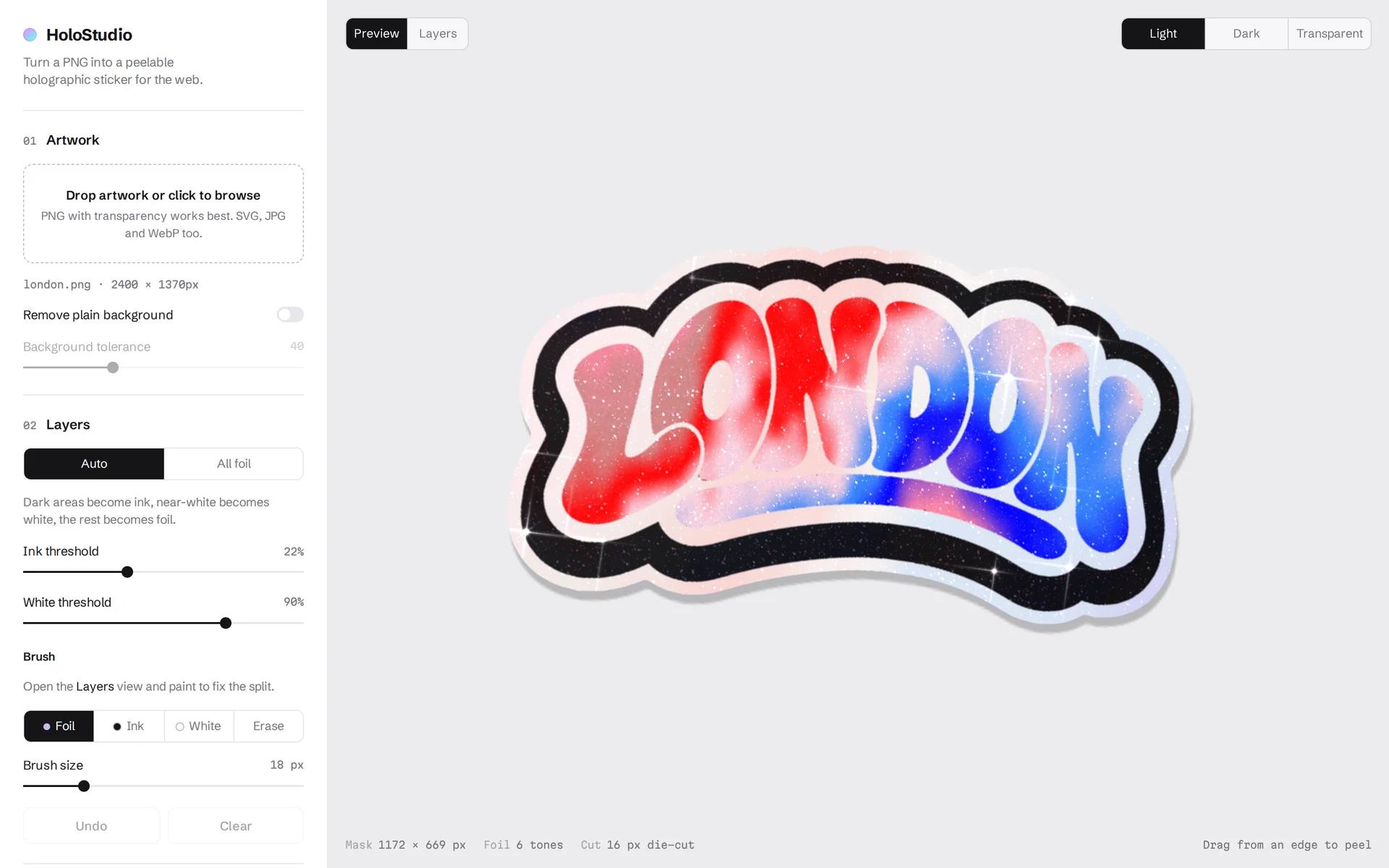 Final HoloStudio interface: a quiet white control column with artwork, layers and brush settings, and the LONDON holographic sticker on a plain light stage