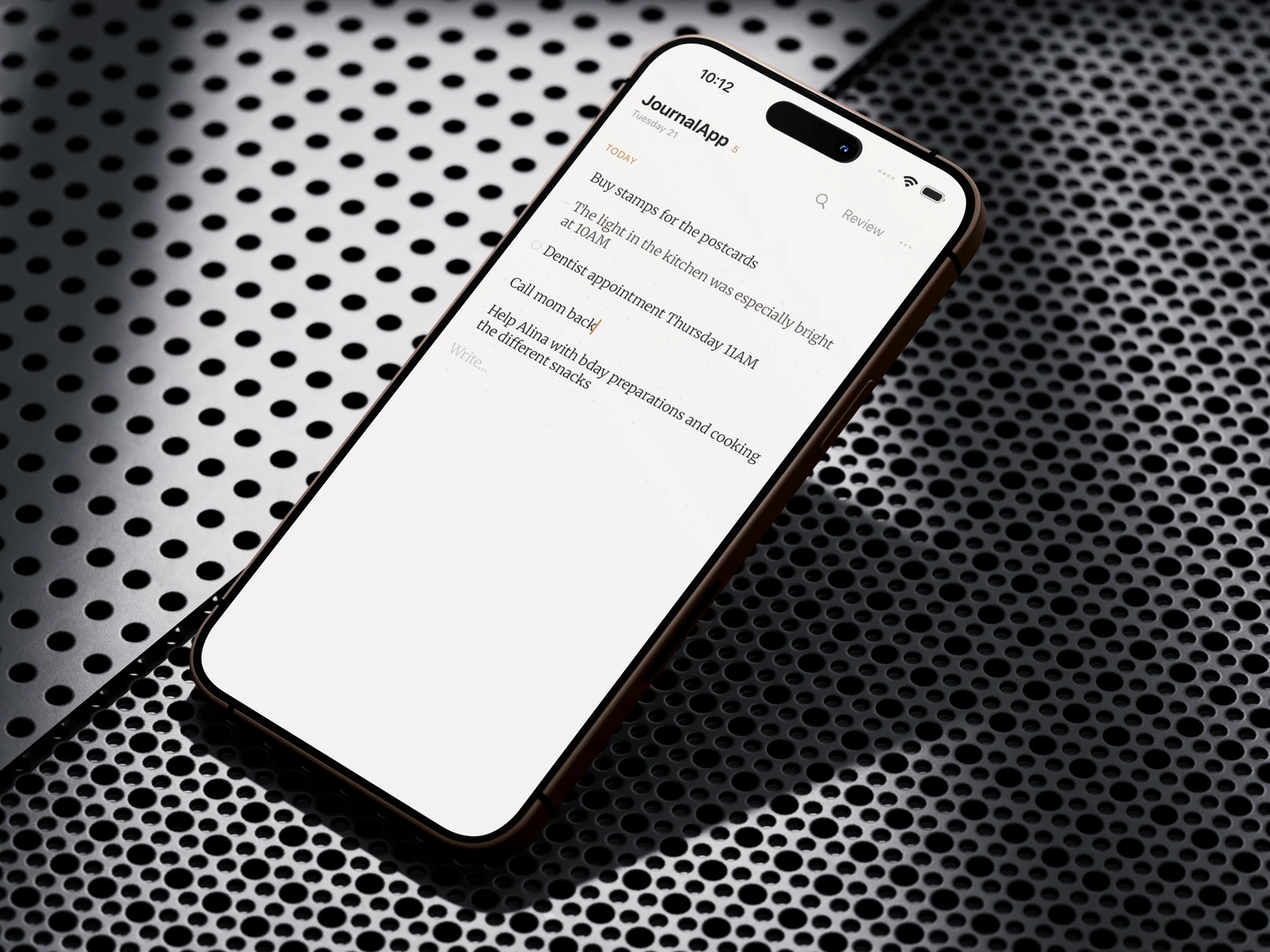 JournalApp — Capture screen on an iPhone mockup