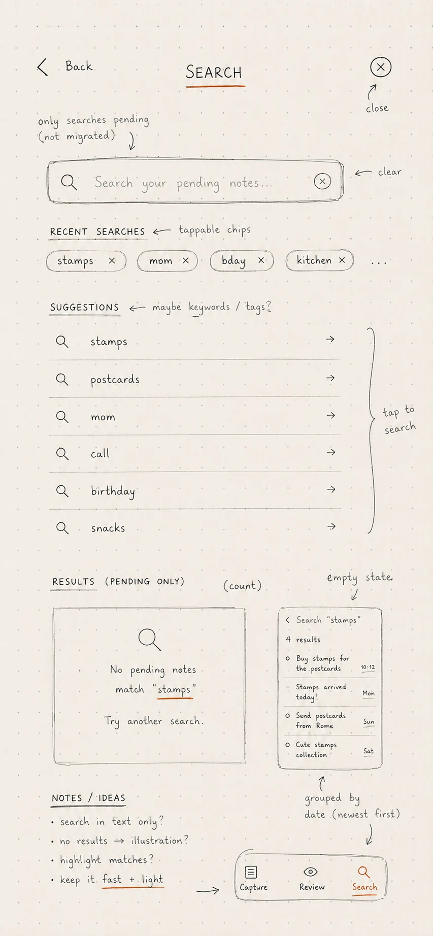 Hand-drawn wireframe of the JournalApp Search screen