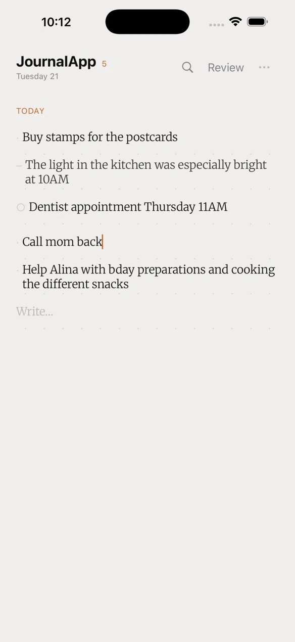 JournalApp Capture screen, populated with tasks, notes and events