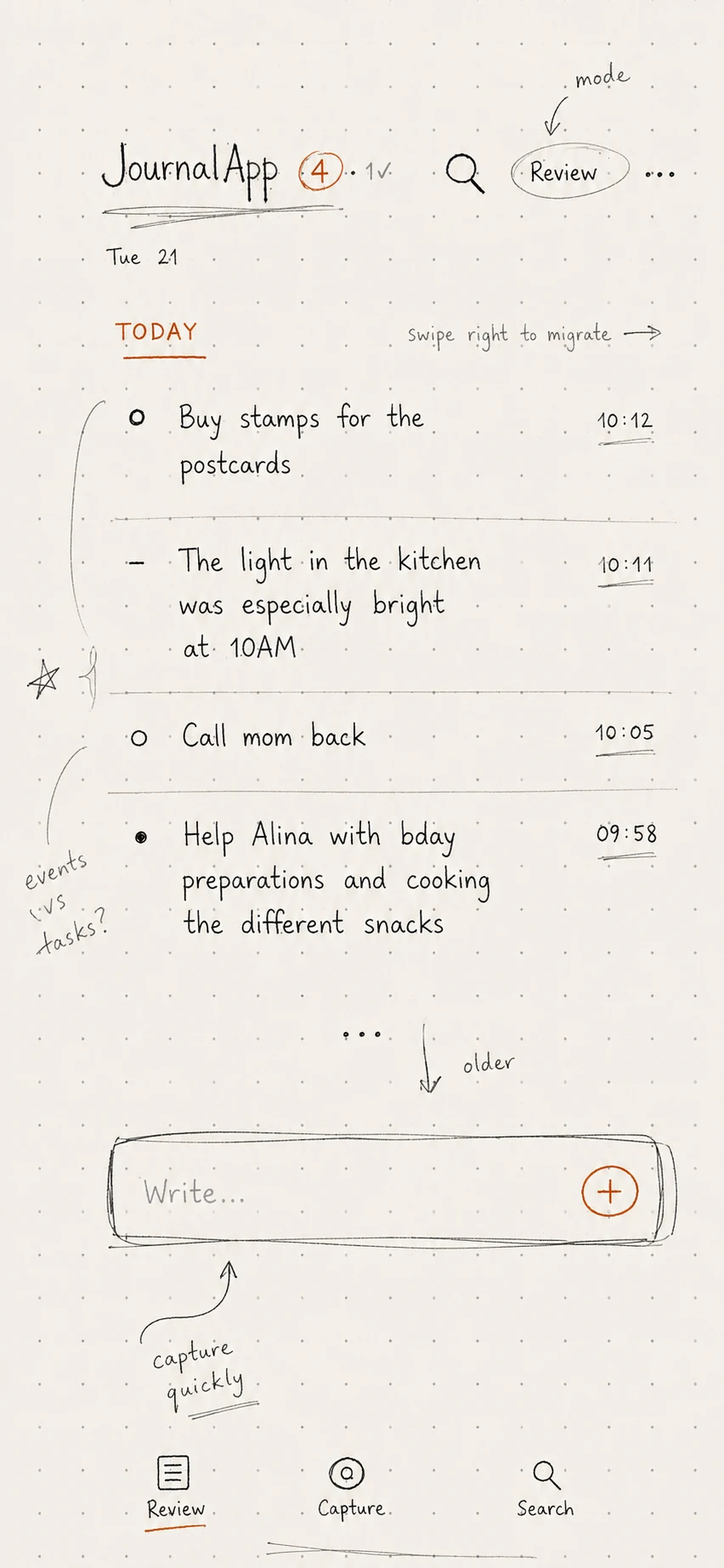 Hand-drawn wireframe of the JournalApp Review mode and bottom navigation