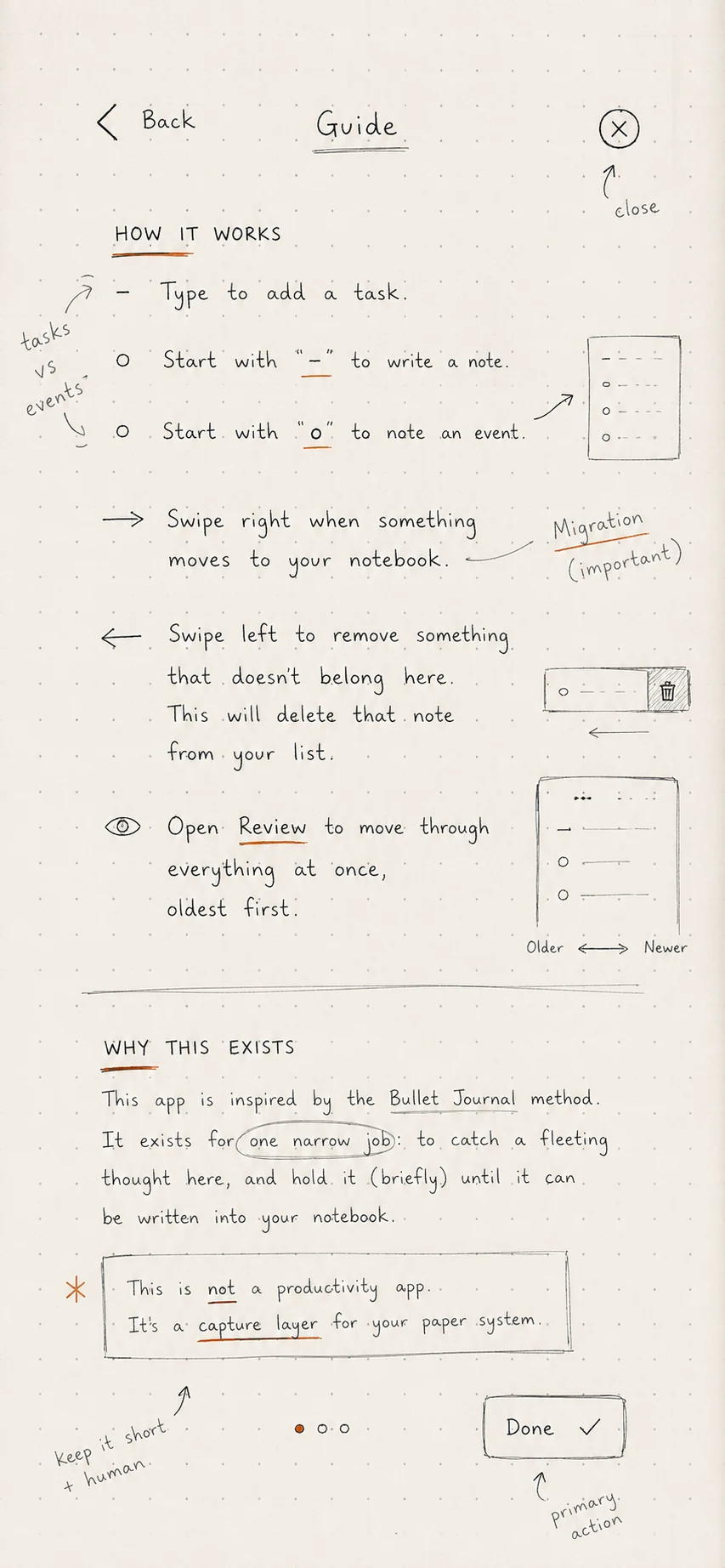 Hand-drawn wireframe of the JournalApp onboarding Guide screen