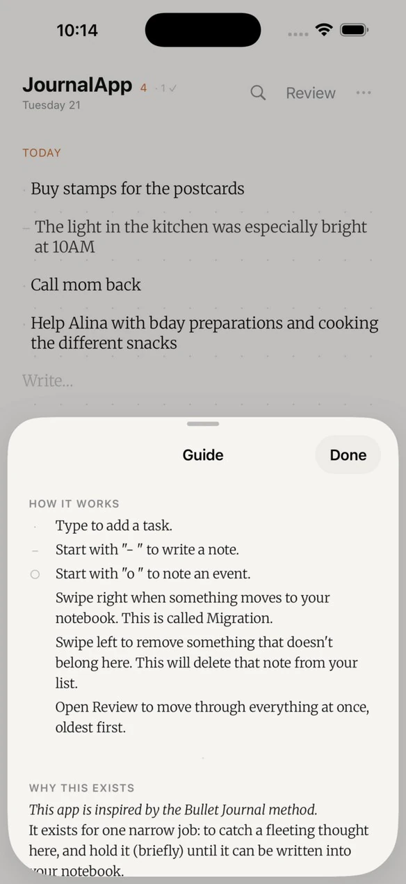 JournalApp Guide screen with the Playbook's own editorial voice